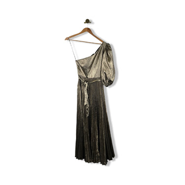 Likely Metallic Asymmetric Puff Sleeve Pleated Dress
