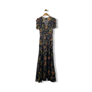 Shoshanna Ruched Short Sleeve Metallic Floral Print Maxi Dress